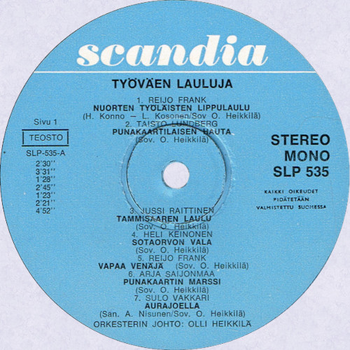 Työväen lauluja, vuoden 1969 julkaisun etiketti A
