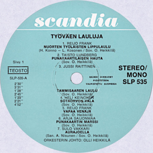 Työväen lauluja, vuoden 1969 julkaisun etiketti A