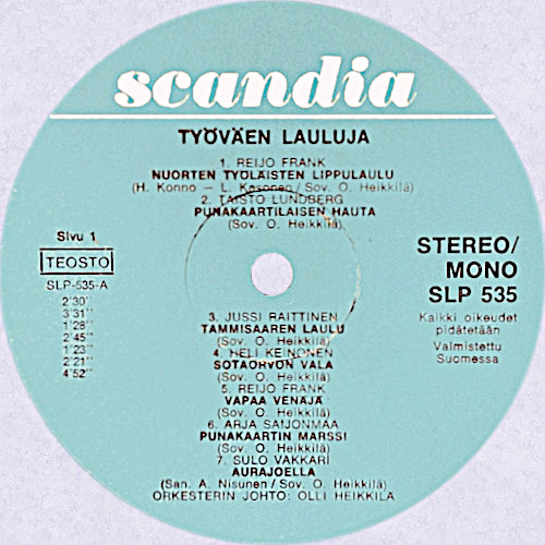 Työväen lauluja, vuoden 1969 julkaisun etiketti A