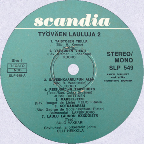 Työväen lauluja, vuoden 1969 julkaisun etiketti A