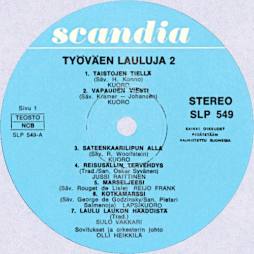 Työväen lauluja, vuoden 1969 julkaisun etiketti A